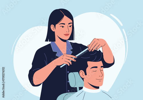 Professional hairstylist cutting a man's hair with scissors and comb in a salon