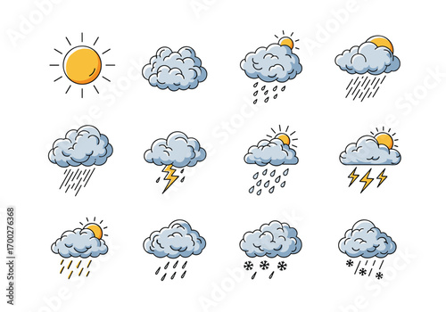 Collection of weather icons showing different atmospheric conditions