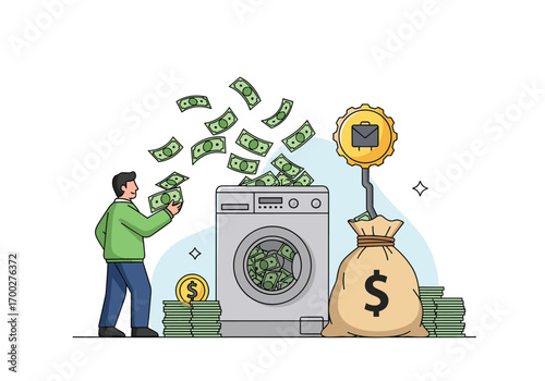 Financial concept of money laundering illicit funds through a washing machine
