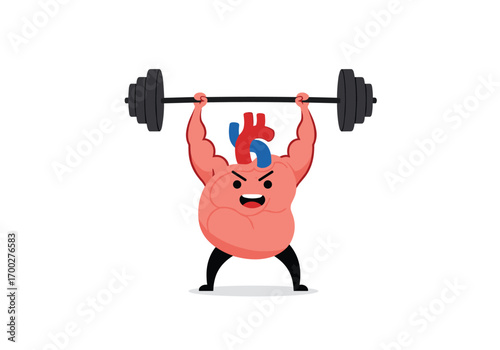Strong heart lifting heavy weights cartoon character doing fitness activity