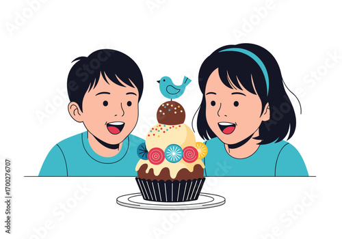 Two happy children admire a delightful cupcake decorated with colorful candies and a small bird