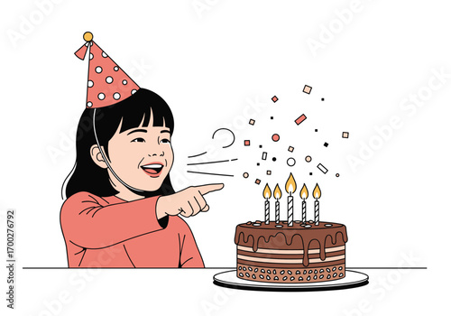 A happy child with a birthday cake and blowing candles
