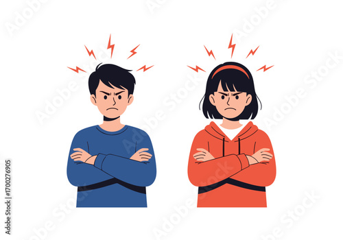 Two young people are angry with each other with arms crossed
