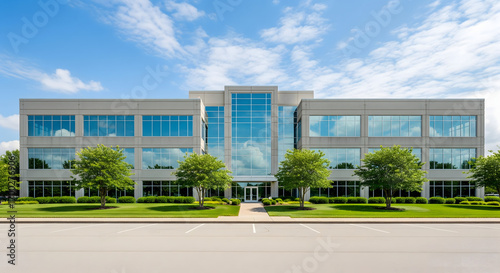 Fototapeta Naklejka Na Ścianę i Meble -  A modern, low-rise commercial office building with large glass windows and well-maintained green landscaping on a sunny day.