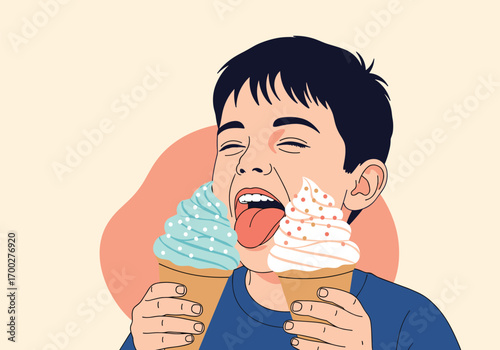 Young boy happily eating two delicious ice cream cones on a warm day