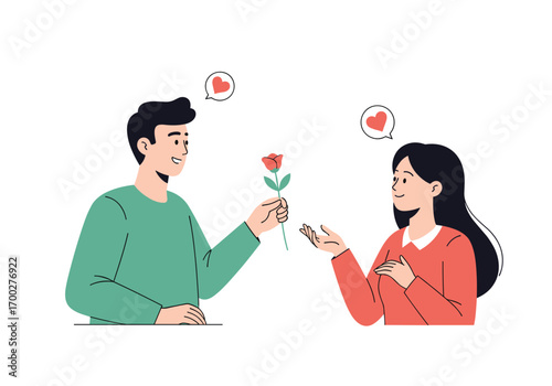Young man gently offers a single red rose to a surprised young woman