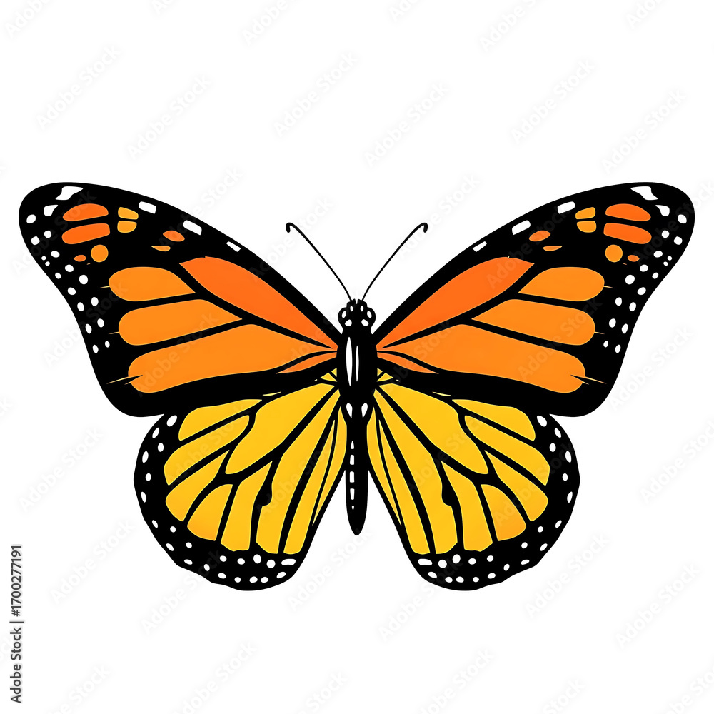 Fototapeta premium Vibrant monarch butterfly with open wings, detailed vector illustration, isolated on white background.