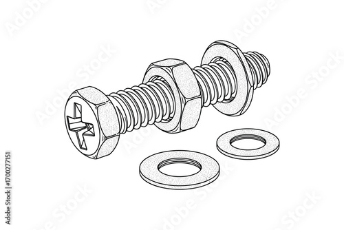 Bolt, Nut, and Washers Hardware Fasteners, Mechanical Engineering, Black and White Vector Illustration