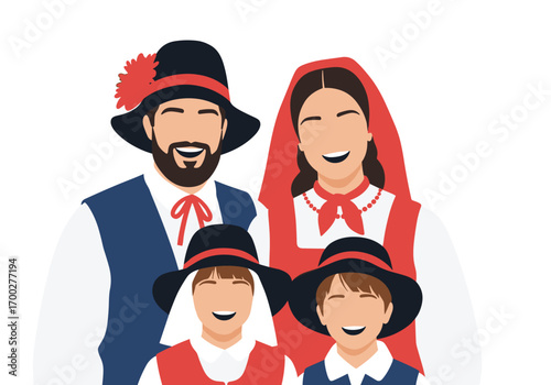 A happy family dressed in traditional folk costumes