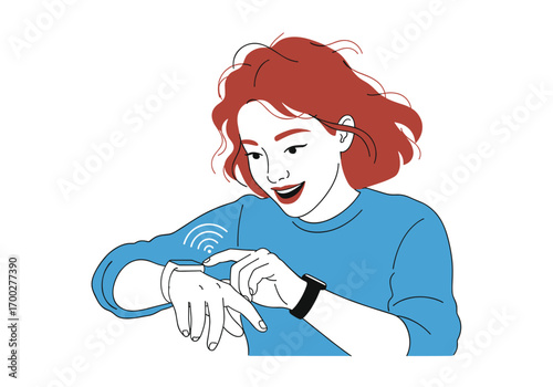 Young woman wearing smartwatch checking notifications on her wrist device