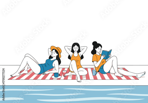 Three women relaxing by the pool on a sunny summer day