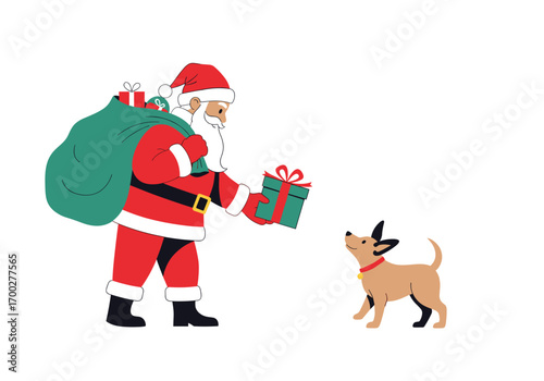 Santa claus giving a present to a dog a festive holiday scene