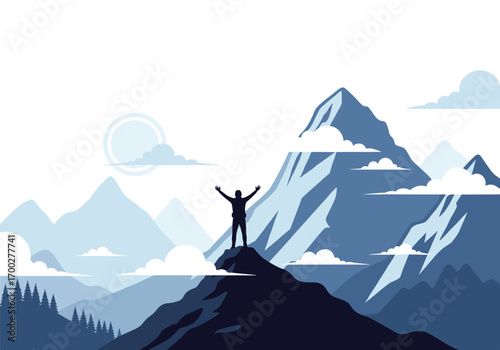 Lone climber celebrates summit victory on mountain peak under a bright sun