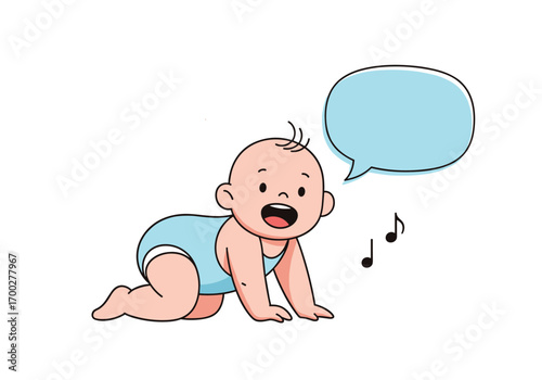 Adorable baby crawling and making sounds with musical notes