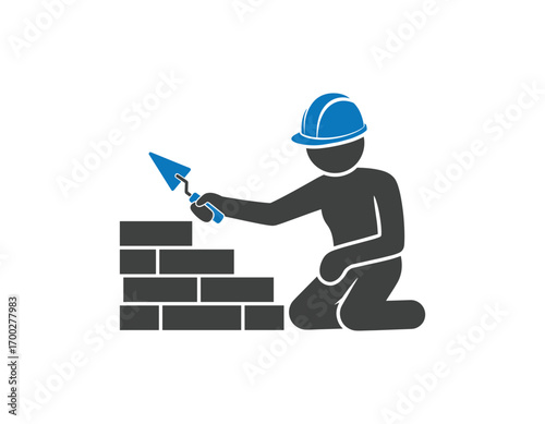 Construction Worker Building a Brick Wall with Trowel, Blue Helmet, Vector Illustration