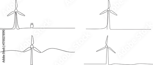 Set of Wind turbine one continuous line art, Vector illustration, One line art, Line art graphic style