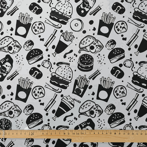 Monochrome fast food pattern with burgers, fries, and milkshakes design, seamless pattern, Stock royalty.