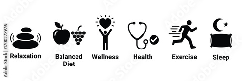 Icons Set of Health and Wellness Lifestyle Tips: Relaxation, Diet, Wellness, Vector Illustration