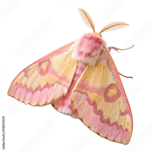 Rosy Maple Moth PNG with Pink and Yellow Wings – White Background

