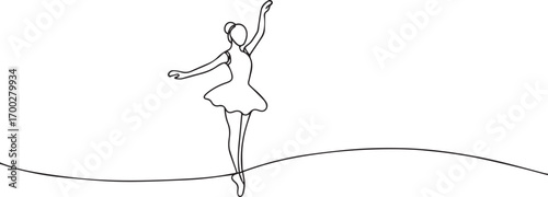 Ballerina dancing one continuous line art, Vector illustration, One line art, Line art graphic style.