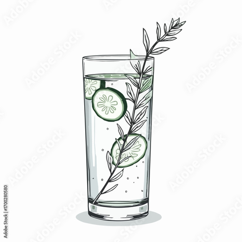 Line art vector of infused water with cucumber slices and herb sprigs  