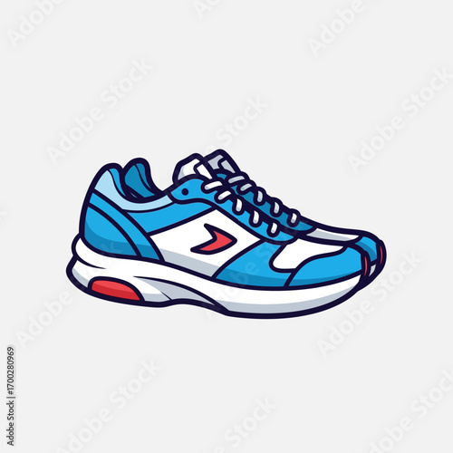 Blue and white athletic running shoe with red accents.