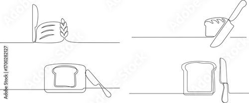 Set of bread with a knife one continuous line art, Vector illustration, One line art, Line art graphic style.