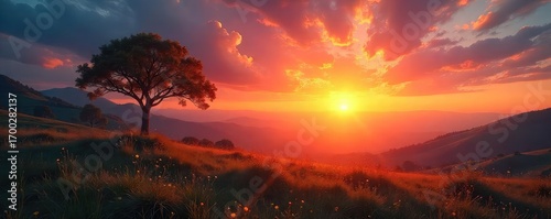 A single, vibrant sunrise over a tranquil landscape evokes a sense of peace and the promise of a new beginning, reflecting Christian hope and faith , resurrection, redemption