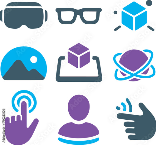 Tech icons array VR, glasses, 3D cube, landscape, touch, user, gesture