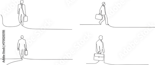Set of business man holding brief case one continuous line art, Vector illustration, One line art, Line art graphic style.
