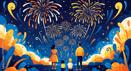 Stylized illustration of a family watching a vibrant fireworks display against a starry night sky.