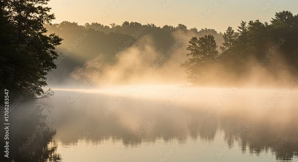 Fototapeta premium Still Lake with Morning Fog and Golden Sunlight Reflecting in Water