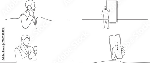 Set of person holding phone one continuous line art, Vector illustration, One line art, Line art graphic style.