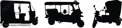 Auto rickshaw silhouettes, public transport, three-wheeler design, urban mobility, black shapes, compact vehicle, transportation icon, cultural travel, minimal art