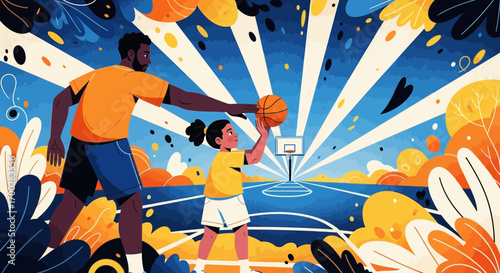 A father teaches his young daughter how to shoot a basketball on an outdoor court in a vibrant, stylized illustration.