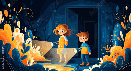 Two curious children, a boy and a girl, exploring a dark, magical world with flashlights in a vibrant illustration style.