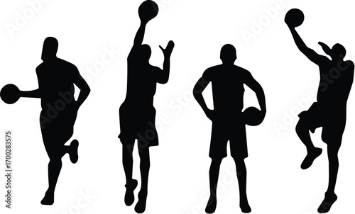 Basketball player silhouettes, action poses, dribbling, shooting, jumping, dunking, athletic motion, black figures, white background, sports concept