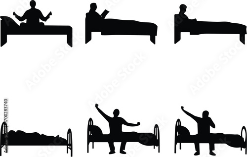 Bed activity silhouette collection, black lifestyle icons, sleeping and waking poses, vector illustration, daily routine, comfort, rest, relaxation