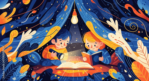 Two children reading a magical book together in a cozy blanket fort at night, illuminated by a flashlight and a hanging bulb.