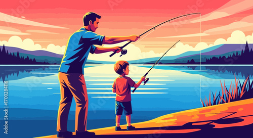 A heartwarming illustration of a father teaching his son to fish by a tranquil lake at sunset, a beautiful bonding moment.