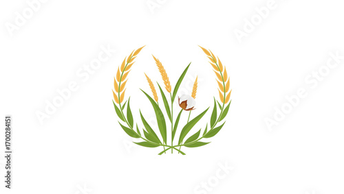 Symbol of harvest and agriculture featuring a wheat wreath, corn stalk, and cotton boll, isolated vector graphic