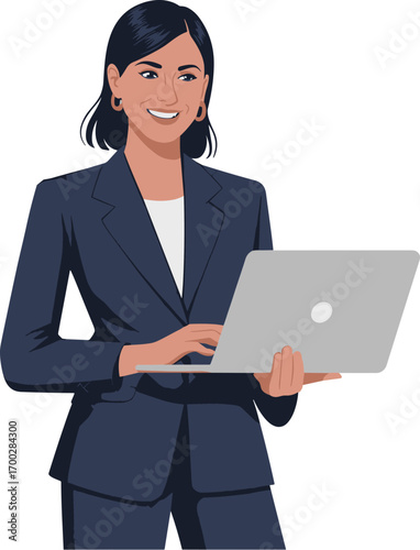 Business professional with laptop, cartoon character in suit, digital worker illustration, technology, office attire, productivity, smiling, confident