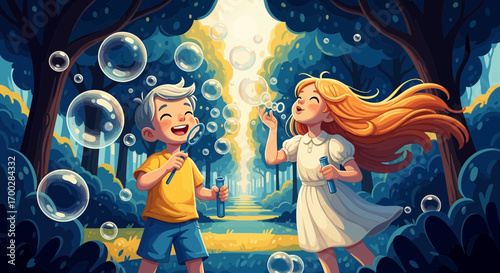 Joyful cartoon children, a boy and a girl, blowing shimmering bubbles in a magical, sunlit forest.