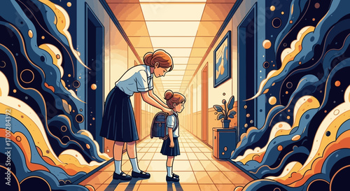 Illustration of a mother preparing her young daughter for school in a hallway, framed by colorful abstract waves.