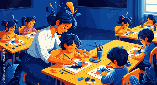 An art teacher guides young students during a creative painting class in a vibrant, illustrated classroom setting.