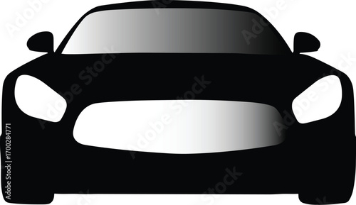 Car silhouette, front view, modern design, black vehicle, sporty headlights, sleek style, automotive branding, aggressive grille, transportation concept