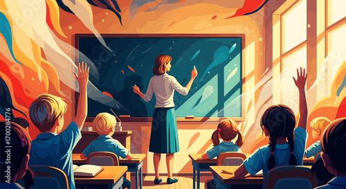 Teacher at a chalkboard inspires eager students raising hands in a colorful, dynamic classroom.