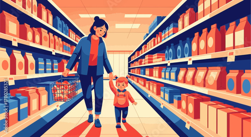 A mother and her young child walk hand-in-hand down a brightly lit supermarket aisle, shopping for groceries together in a modern illustration style.