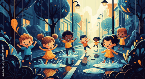 A joyful group of diverse cartoon children happily jumping and splashing in puddles on a rainy city street.