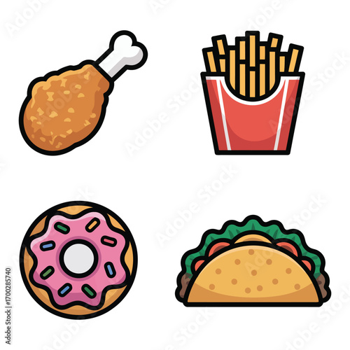 Fast food collection featuring fried chicken fries donut and taco delicious assortment